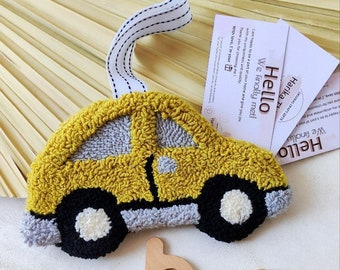 Handtufted car toy the idea of a children's room decor punchneedle yellow car cover wall hanging for cozy kids and baby room interior