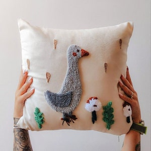 Pillowcase goose punch needle handmade craft home decor idea countryside theme cozy pillow nature cute bird image little grey goose image 1