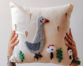 Pillowcase goose punch needle handmade craft home decor idea countryside theme cozy pillow nature cute bird image little grey goose