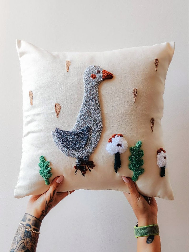 Pillowcase goose punch needle handmade craft home decor idea countryside theme cozy pillow nature cute bird image little grey goose image 3