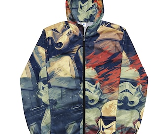 May include: A blue hooded jacket with a full-color print of Stormtrooper helmets in a vintage style. The print features a red, orange, and yellow color scheme.