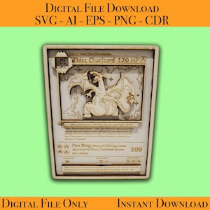 May include: A digital download of a printable Pokemon card featuring a cartoon image of Thicc Charizard, a fire-type Pokemon. The card is designed to look like a wooden card with a brown background and white text. The card has a 120 HP rating and a move called "Fire Ring" that requires discarding 2 energy cards to use.