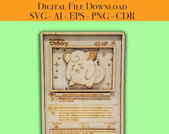 Clefairy Pokemon Card Laser Vector File for Wood Glowforge, Light burn, Cricut etc laser files SVG, AI, EPS, Png, Cdr Instant Download