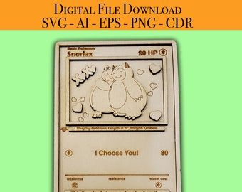 Snorlax I Choose You Card Laser Cutter Files Vector for Wood Glowforge, Light burn, Cricut laser files SVG, AI, EPS, Png, Cdr