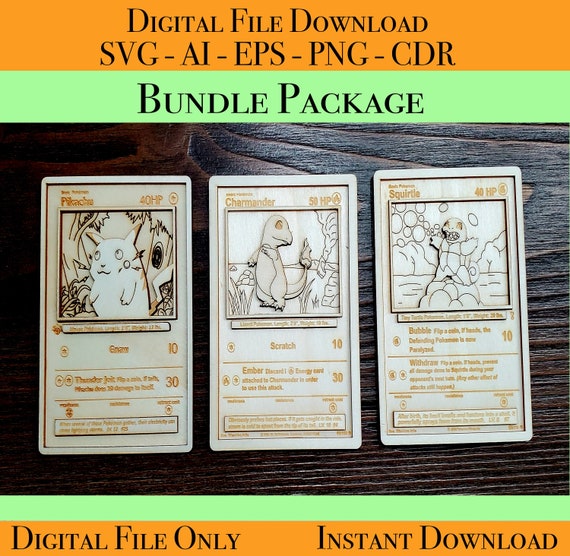 Wood Pokemon Card Bundle Pikachu, Charmander, and Squirtle Laser ready-  Glowforge, Light burn, Cricut ready files SVG, AI, EPS, Png, Cdr