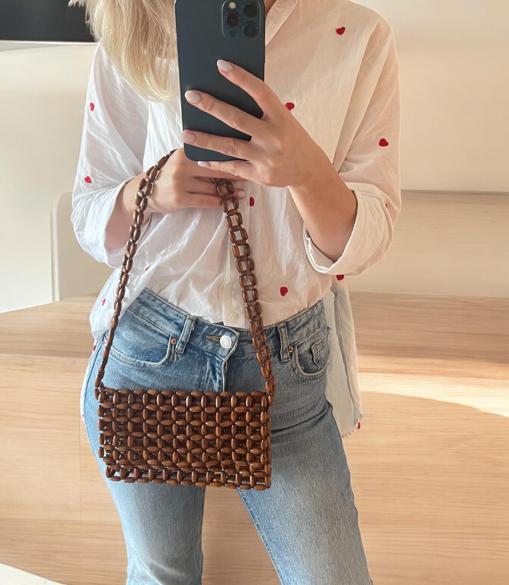 ショルダーバッグ・ポシェット RUBATI Handmade tassel wooden bead bag brown Handcrafted Wooden Bead Bag, Handmade Beaded Bag, Wooden