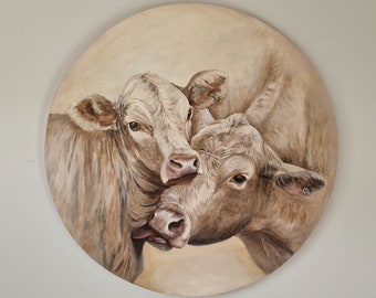 Round painting two cows