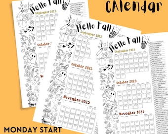 May include: Three black and white printable fall calendars with the text "Hello Fall" and calendar months for September, October, and November 2025. The calendars have decorative fall-themed illustrations.