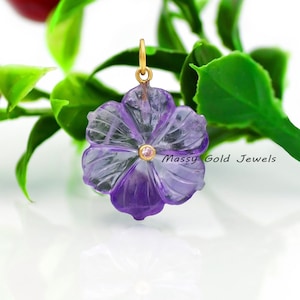 14K Gold Amethyst Flower Pendant, Hand Carving Flower Charm, Carved Flower Pendant, Gemstone Flower Jewelry, Designer Crystal Flower Charm