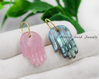 14K Gold Opal Figa Hand Charm, Labradorite Hamsa Hand Pendant, Gemstone Figa Charm Pendant, Hand Of Fatima Pendant, Spiritual Hamsa Jewelry