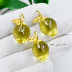 14K Gold Lemon Charm Pendant, Handmade Lemon Pendant, Gemstone Lemon Pendant, Lemon Fruit Pendant, Carved Lemon Pendant, Summer Fruit Charm