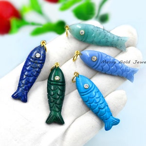 14K Gold Gemstone Fish Pendant By MassyGoldJewels, Designer Fish Pendant, Opal Fish Pendant, Trendy Fish,Malachite Fish Charm,Turquoise Fish