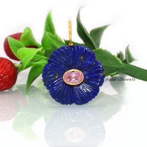 14K Gold Lapis Flower Pendant, Designer Carved Flower Charm, Gemstone Unique Flower Charm, Hand Carving Floral Pendant, Flower Jewelry