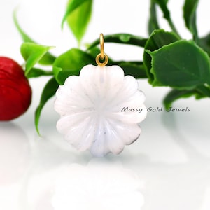 14K Gold White Opal Flower Charm Pendant, Hand Carving Flower, Flower Gemstone Pendant, Gemstone Gold Flower Jewelry, Carved Flower Charm
