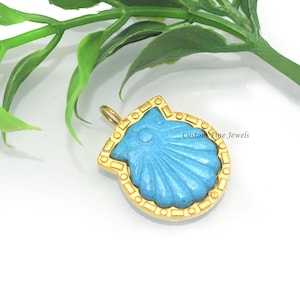 925 Silver Turquoise Handmade Sea Shell Pendant, Gemstone Scallop Shell Pendant, Beach Shell Pendant, Carving Beach Sea Shell Pendant