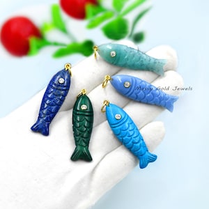 14K Gold Gemstone Fish Pendant, Designer Charm (40x12 MM)