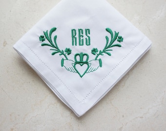 MENS CLADDAGH CLUNY font Embroidered Monogrammed Handkerchief, wedding handkerchief, Personalized Handkerchief, Personalized Pocket Square