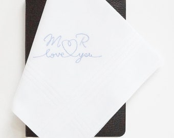 MENS LOVE NOTE font Embroidered Monogrammed Handkerchief, wedding handkerchief, Personalized Handkerchief, Personalized Pocket Square
