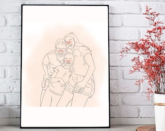 Desenho de arte de linha personalizada, retrato de foto, arte de linha de casal personalizada, desenho de uma linha, presente personalizado, retrato de família personalizado