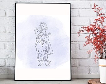 Sibling Line Art, Familien Zeichnung, Benutzerdefinierte Linie Zeichnung, Schwestern Line Art, Familie Line Art Portrait, Muttertagsgeschenk, Geschenk für die Familie