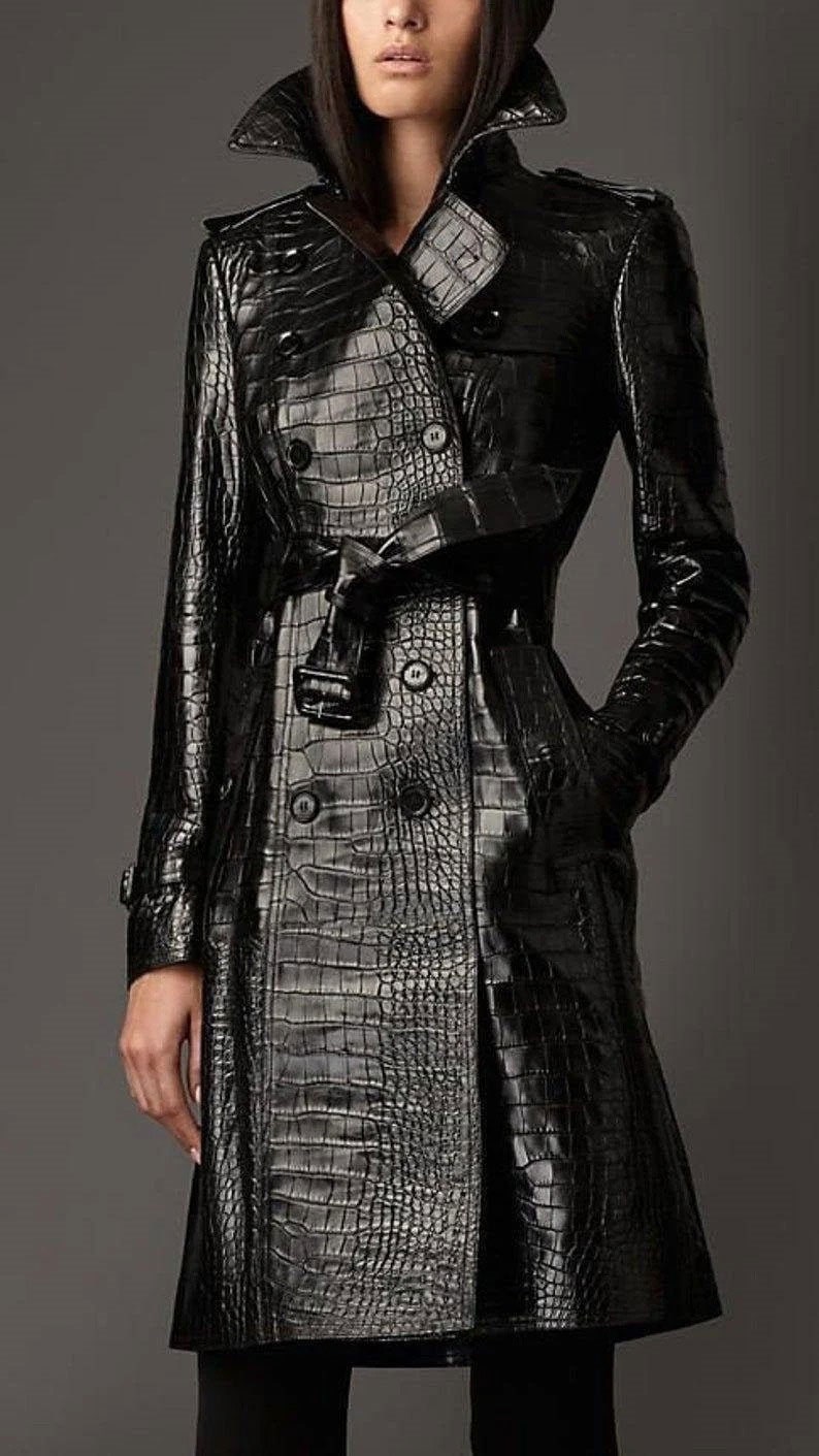 Women's Crocodile Embossed Real Leather Designer Coat 