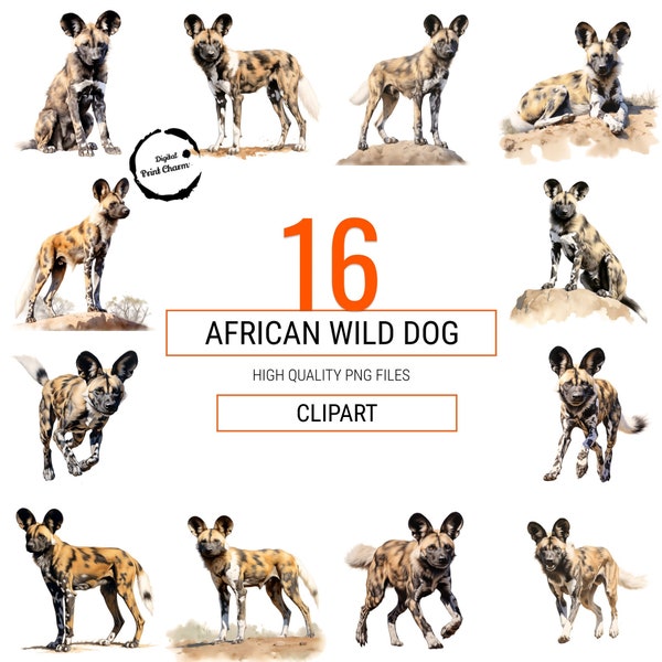 African Wild Dogs Watercolor | 16 Digital Clipart Prints | Perfect for Crafts, Scrapbooks, Journals | Enhance Your Digital Craft Stash