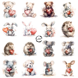 Lot de cliparts pour la Saint-Valentin | 16 dessins d'animaux mignons tenant un coeur | Téléchargement numérique instantané | Ours en peluche, lapin, hérisson, koala