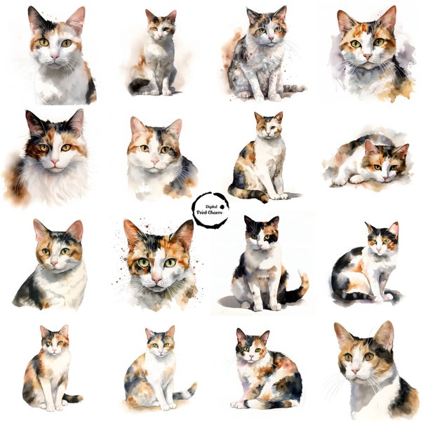 Digital Watercolor Calico Cat Clipart Bundle | 16 Cute Feline Prints for Crafting and Scrapbooking