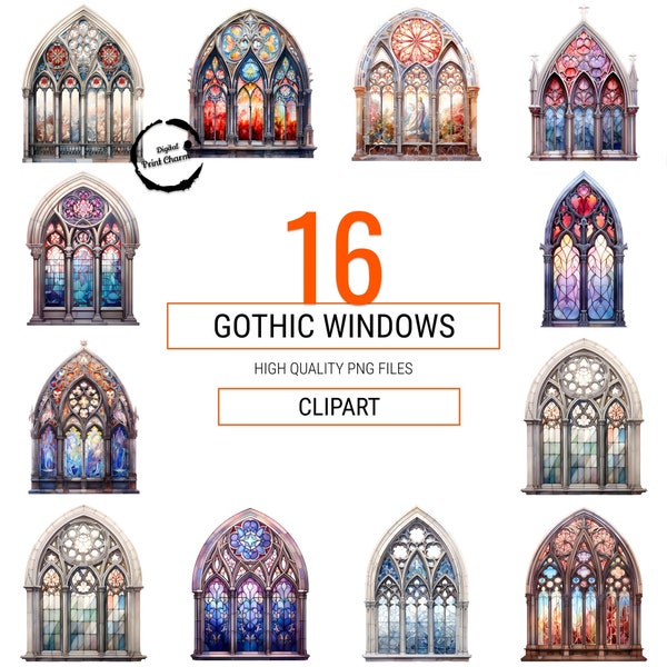 Unlock Vintage Elegance | 16 Watercolor Gothic Stained Glass Cliparts | Planner & Journal Essentials | Unique Scrapbooking | Cathedral Art