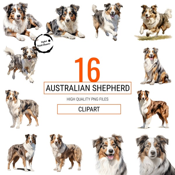 Australian Shepherd Clipart | 16 Watercolor Style Prints | Digital Craft Bundle | Realistic Dog Images | Instant Download | DIY Project PNG