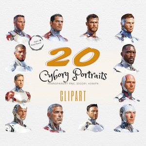 20 Futuristic Cyborg Portrait Clipart Bundle | Must-Have Sci-Fi Art | Perfect Gift for Designers & Sci-Fi Enthusiasts | Commercial Use