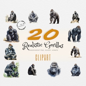 Gorilla Watercolor Clipart Bundle | 20 Realistic Wildlife Digital Prints | Journaling & Crafting Supplies | Scrapbooking Artwork Elements