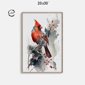 Susurro de Cardenal Invernal: Arte en acuarela / Ilustración de pájaro rojo vibrante / Impresión digital inspirada en la naturaleza / Decoración serena / Descarga instantánea