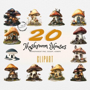 Enchanting Cottagecore | 20 Mushroom House Clipart | Whimsical Fairy Tale Gift | Digital Clipart | Forest Houses Art | Commercial Use