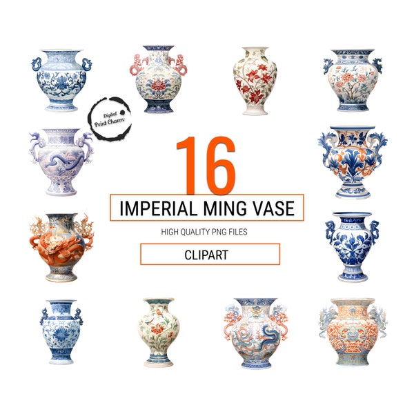 16 Watercolor Imperial Ming Vases Clipart | Vintage Chinese Art | Planner & Journal Essentials | Unique Scrapbooking | Elevate Your Crafts