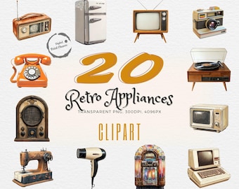 Retro Appliance Clipart! | 20 Vintage Kitchen Gadgets | Gift for Crafters | 1950s Decor | Digital Download | Kitchen Art | Commercial Use