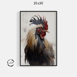 鮮やかな雄鶏の肖像画 | 水彩デジタルプリント | 農家のアート | 素朴なキッチンの装飾 | 動物の壁アート | 大胆でカラフル
