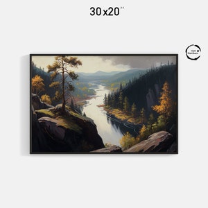 Mountain Valley Oil Painting | Scenic River Landscape | Lush Forest Digital Print for Nature Lovers, Home & Office Wall Decor | 60