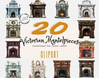 Victoriaanse schoorsteenmantel clipartbundel | 20 realistische open haardillustraties | Perfect voor historische ontwerpen, woondecoraties en kunstprojecten |