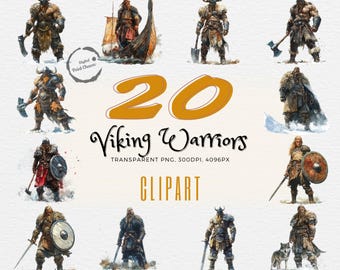 Impresionante paquete de imágenes prediseñadas de guerreros vikingos / 20 ilustraciones realistas en acuarela / Regalo perfecto para proyectos de historia / Uso comercial