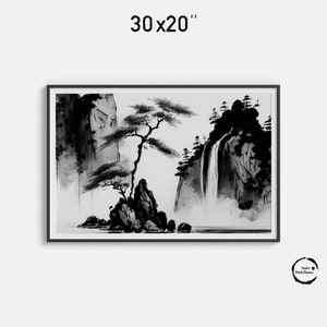 Digitale afdruk van watervalschildering met traditionele Chinese inkt | Aziatische kunstdecoratie | Zen-huisdecoratie | Watervalkunstafdruk | 179