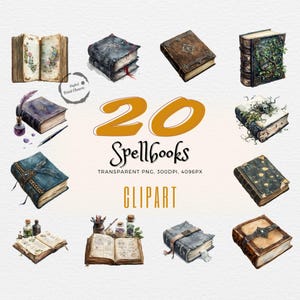 May include: A set of 20 watercolour illustrations of spellbooks. The spellbooks are in various styles, including leather-bound, with metal accents, and with intricate designs. The illustrations are perfect for adding a touch of magic to your projects.