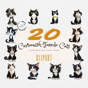 Adorable Tuxedo Cat Clipart Bundle | 20 Cartoon Cat Illustrations for Kids | Perfect for School Projects, Decor & Fun Crafts | PNG Files