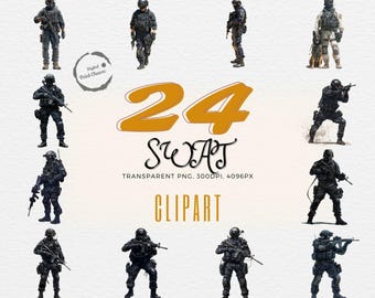 Paquete de imágenes prediseñadas del equipo SWAT de élite / 24 ilustraciones tácticas policiales realistas / Proyectos con temática de seguridad, contenido educativo / Uso comercial