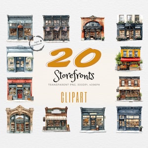 20 Realistic NYC Storefronts Watercolor Clipart | Elevate Your Art Projects | Perfect Gift for Creatives | Commercial Use | Transparent PNGs
