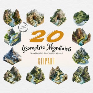 Río de montaña isométrico / 20 imágenes prediseñadas de paisajes / Regalo perfecto para diseñadores / Recursos de mapas / Descarga digital / Arte para desarrollo de juegos / Uso comercial