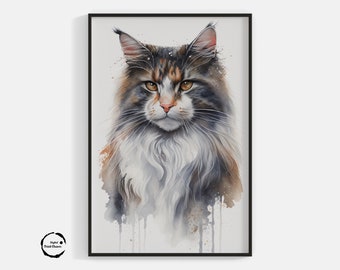 Norwegian Forest Cat, Watercolor, Digital Printable Art Work, Digital Download, Beautiful Wall Art