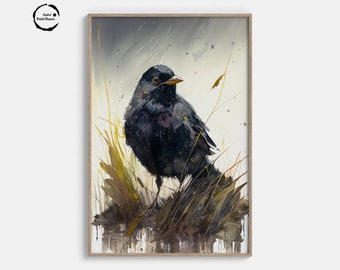 Watercolor Blackbird, Printable Digital Art, Instant Download Print, Nature Lovers, Birdwatchers, Widlife Art, Wall Decor, Office Decor