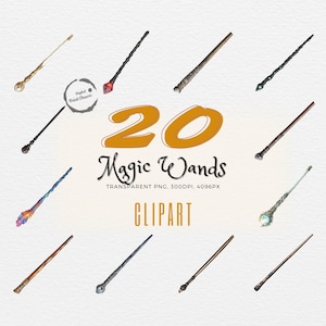 May include: Twenty digital clipart images of magic wands with various designs and colors. The wands are on a white background. The text "20 Magic Wands" is in the center of the image.