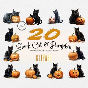 Black Cats & Pumpkins | Watercolor Halloween Clipart | Realistic Feline Art | Spooky Decor Elements | Commercial Use